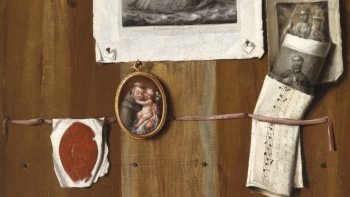 Trompe l’oeil com Gravuras, Partitura, Agnus Dei e Medalha de Santo António