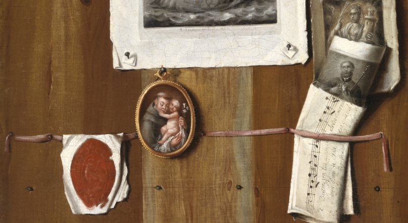 Imagem de Trompe l’oeil com Gravuras, Partitura, Agnus Dei e Medalha de Santo António