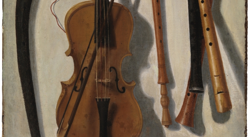 Imagem de “Trompe l’oeil com instrumentos musicais”, de J.H.B., datado de 1664